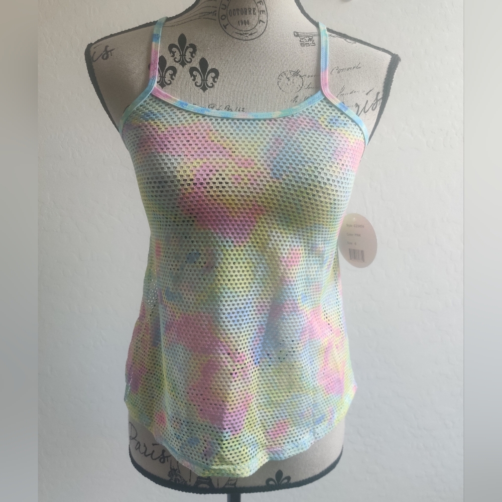 🆕 Tie-dye Rainbow Multicolor Mesh Fishnet Tank Top Swimsuit cover festival_6